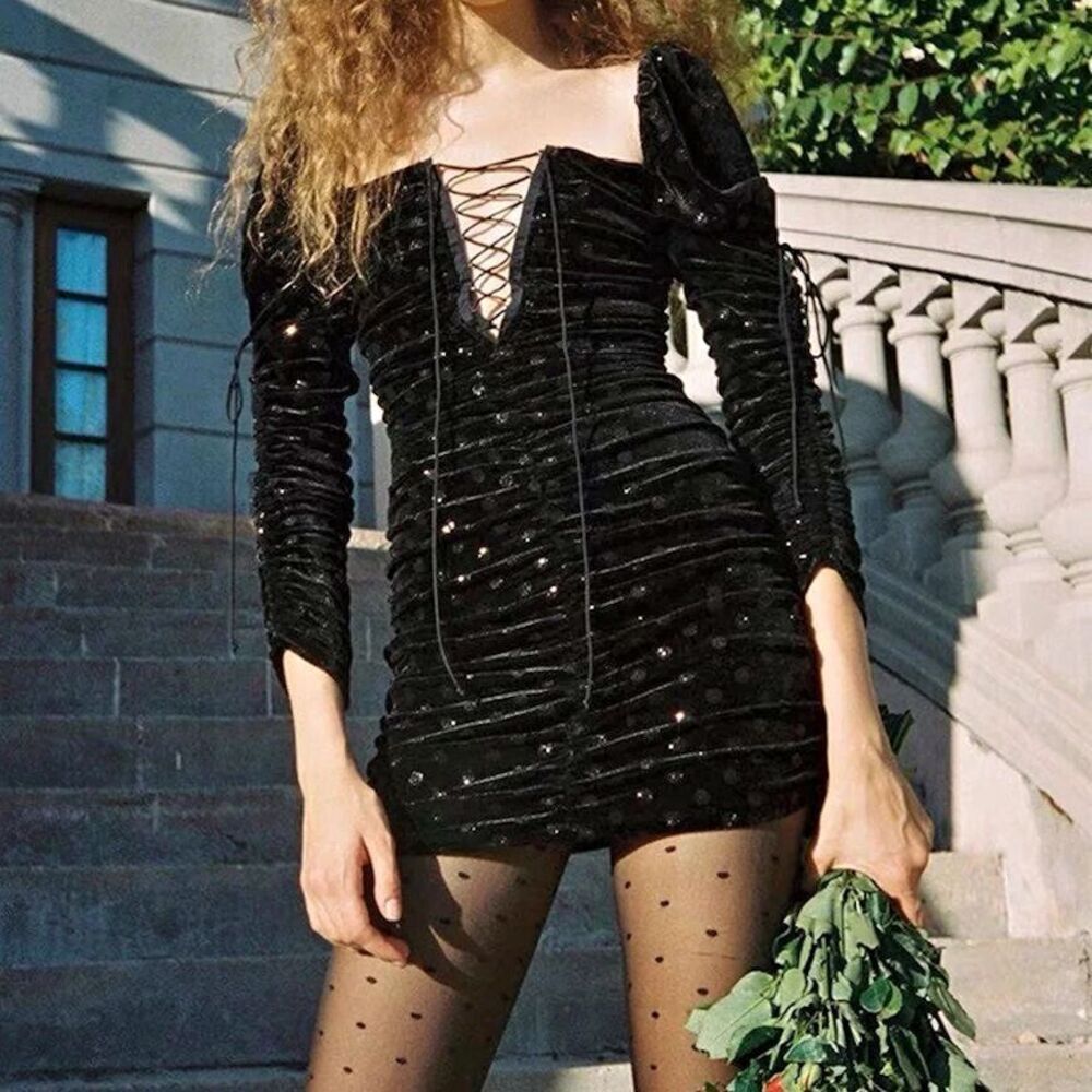 For Love and Lemons Mini Dress Lola Black Velvet Milkmaid Cottagecore Size Small